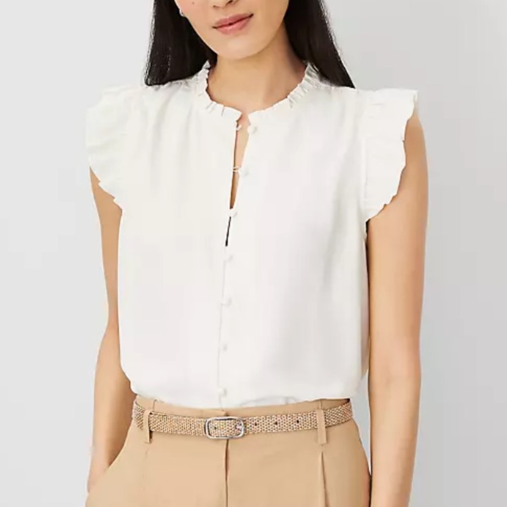 Ann Taylor White Mixed Media Ruffle Shell Short Sleeve Shirt Blouse [XXS] [NWT]